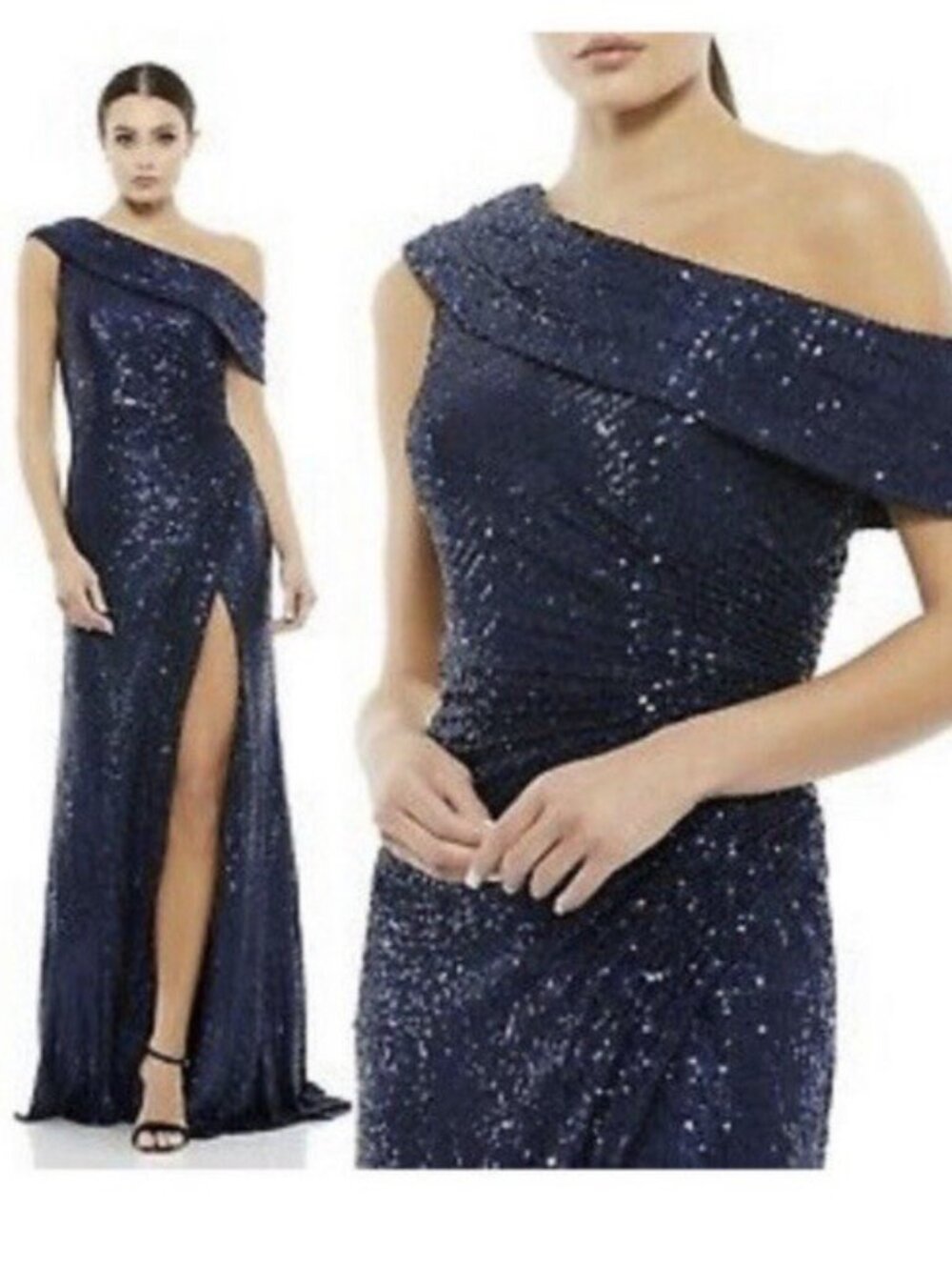 Mac Duggal Size 0 Navy Blue 26550 Sequined Drop Shoulder Gown Dress Formal Prom